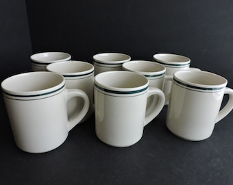 Diner Style Coffee Mugs Set | Vintage Green Stripe Java Cups | Restaurant Kitchen Decor | GreenTreeBoutique