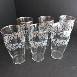 Ensemble de 6 verres à thé Bartlett Collins vintage avec bord doré, motif raisin givré et vigne des années 1940 GreenTreeBoutique