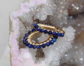 Lapis lazuli hoops , small lapis lazuli earrings , blue gemstone hoops , small gold hoops , wire wrapped hoop earrings , small blue earrings