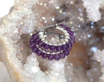 Silver amethyst hoops , small amethyst earrings , purple gemstone hoops , february birthstone earrings , small silver wire wrapped hoops