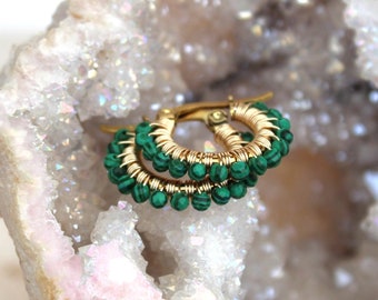 Malachite hoops , small malachite earrings , green gemstone hoops , small gold hoops , wire wrapped hoops , green stone earrings , uk