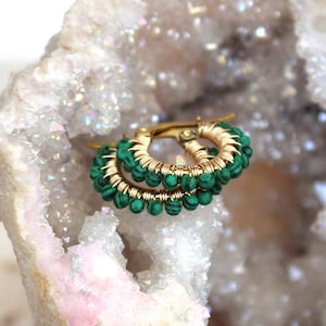 Malachite hoops , small synthetic malachite earrings , green gemstone hoops , small gold hoops , wire wrapped hoops , green stone earrings
