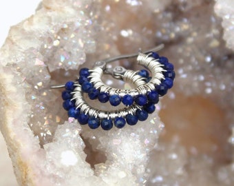 Lapis lazuli hoops , small lapis lazuli earrings , blue gemstone hoops , small silver hoops , wire wrapped hoops , small blue earrings , uk