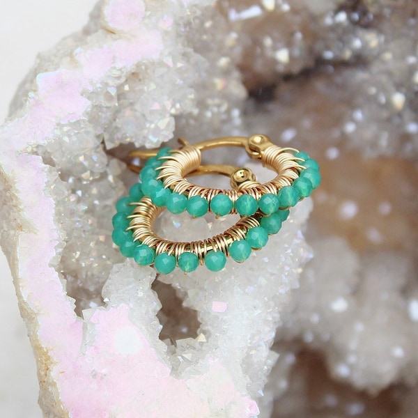 Green agate hoops , small green agate earrings , green gemstone hoops , small gold hoops , wire wrapped hoops , green stone earrings , uk