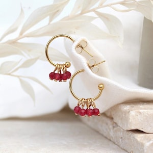 Small ruby quartz hoops, dangle drop red gemstone hoop earrings , gold stainless steel waterproof earrings , best friend gift for her