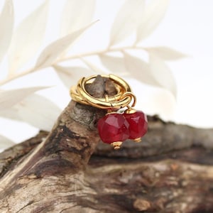 Ruby quartz hoops , 18k gold plated stainless steel gemstone hoops , red stone dangle drop earrings , waterproof hoops , gift for mum