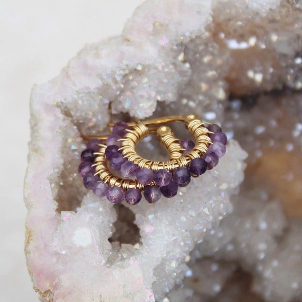 Amethyst hoops , small amethyst earrings , purple gemstone hoops , february birthstone earrings , small gold hoops , wire wrapped hoops , uk