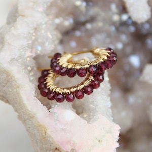 Small garnet earrings , garnet hoops , dark red gemstone hoops , January birthstone earrings , gold hoops , small wire wrapped hoop earrings