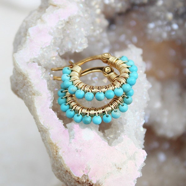 Tiny turquoise hoops , small blue gemstone hoops , small gold hoops , wire wrapped turquoise hoop earrings , small turquoise earrings , uk