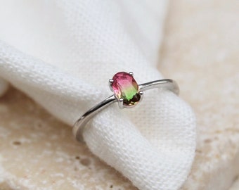 Watermelon tourmaline ring , simulated tourmaline , dainty sterling silver ring , thin silver stacking ring , small green gemstone ring , uk