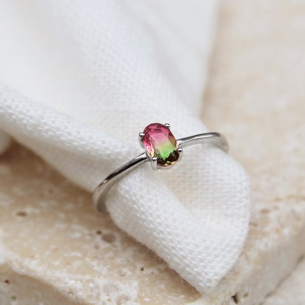 Watermelon tourmaline ring , simulated tourmaline , dainty sterling silver ring , thin silver stacking ring , small green gemstone ring , uk