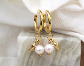 18k gold fresh water pearl hoops , waterproof gold hoop earrings , pearl drop earrings , gold gold hoops , bridal pearl hoops , gift for her