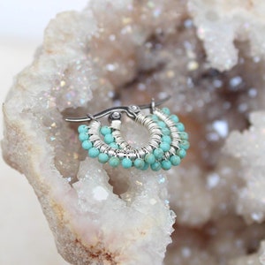 Silver turquoise hoops , small blue gemstone hoops , small silver hoops , wire wrapped turquoise hoop earrings , small turquoise earrings