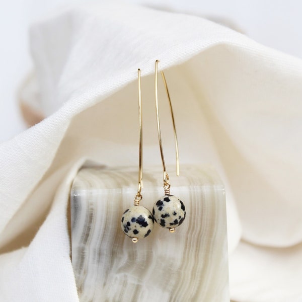Simple Dalmatian jasper drop earrings , natural gemstone drops , long gemstone earrings , gold dangle earrings , modern minimalist earring