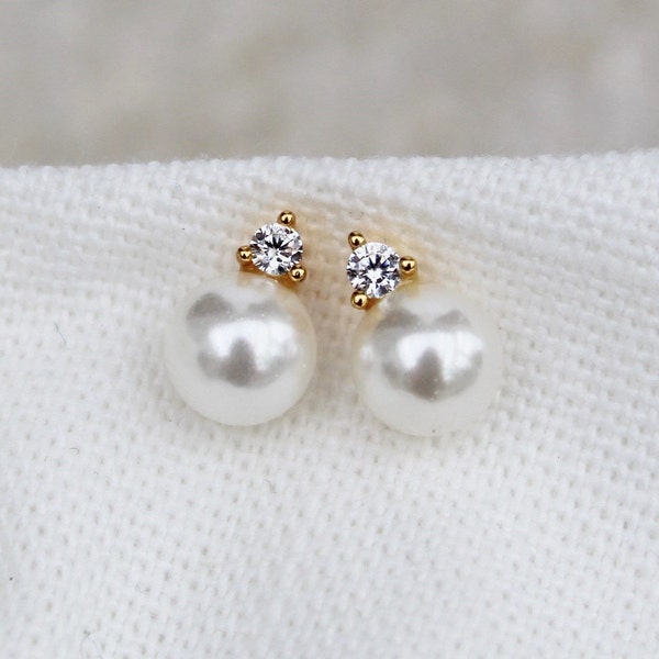 Pearl cz stud earrings , small bridal pearl studs , cubic zirconia studs , ivory pearl studs , bridal studs , tiny pearl stud earrings , uk