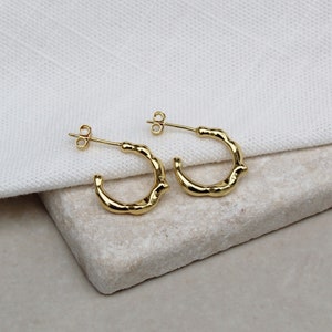 Small organic gold hoops , small irregular gold hoops , dainty gold vermeil hoops , simple everyday hoops , modern geometric hoops , uk image 2