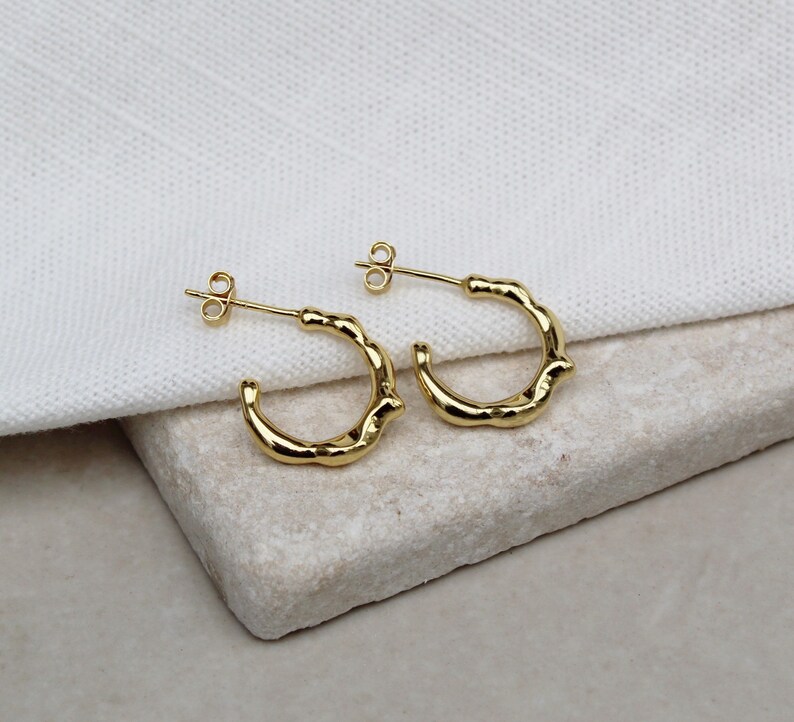 Small organic gold hoops , small irregular gold hoops , dainty gold vermeil hoops , simple everyday hoops , modern geometric hoops , uk image 2