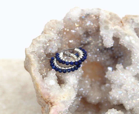 Lapis lazuli hoops , small lapis lazuli earrings , blue gemstone hoops , small silver hoops , wire wrapped hoops , small blue earrings , uk