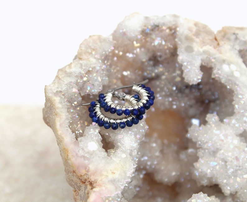 Lapis lazuli hoops , small lapis lazuli earrings , blue gemstone hoops , small silver hoops , wire wrapped hoops , small blue earrings , uk image 1