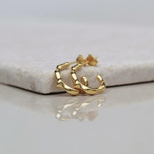 Small organic gold hoops , small irregular gold hoops , dainty gold vermeil hoops , simple everyday hoops , modern geometric hoops , uk image 4