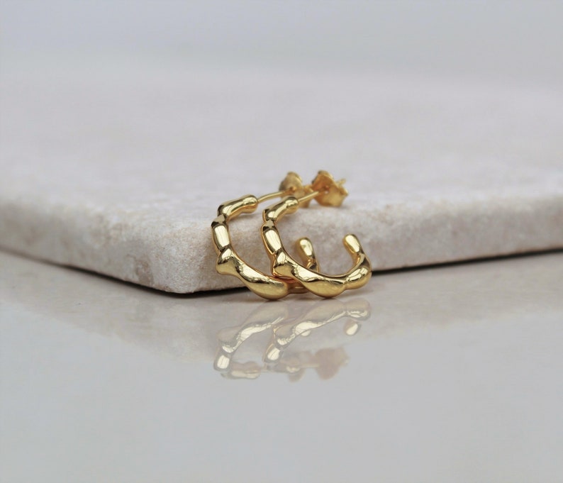 Small organic gold hoops , small irregular gold hoops , dainty gold vermeil hoops , simple everyday hoops , modern geometric hoops , uk image 4