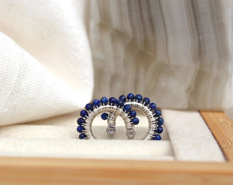 Lapis lazuli hoops , small lapis lazuli earrings , blue gemstone hoops , small silver hoops , wire wrapped hoops , small blue earrings , uk image 5