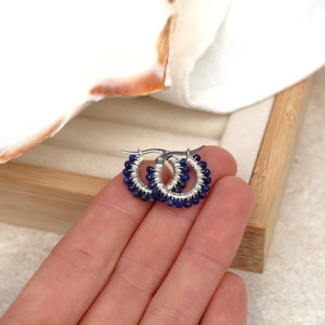 Lapis lazuli hoops , small lapis lazuli earrings , blue gemstone hoops , small silver hoops , wire wrapped hoops , small blue earrings , uk image 7