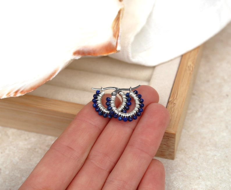 Lapis lazuli hoops , small lapis lazuli earrings , blue gemstone hoops , small silver hoops , wire wrapped hoops , small blue earrings , uk image 7