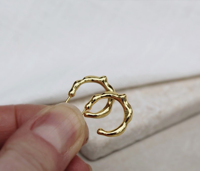 Small organic gold hoops , small irregular gold hoops , dainty gold vermeil hoops , simple everyday hoops , modern geometric hoops , uk image 7