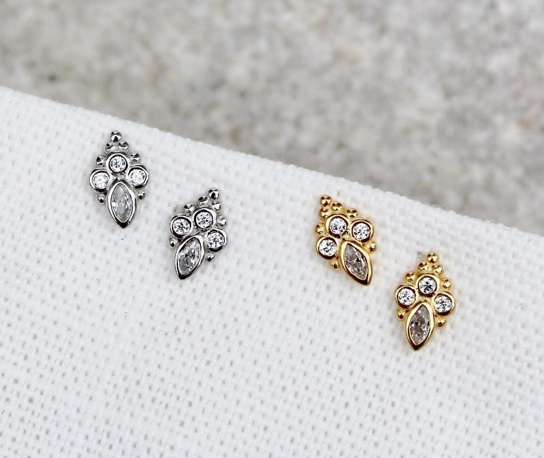 Tiny Gold Stud Earrings Small Cubic Zirconia Stud Marquis - Etsy