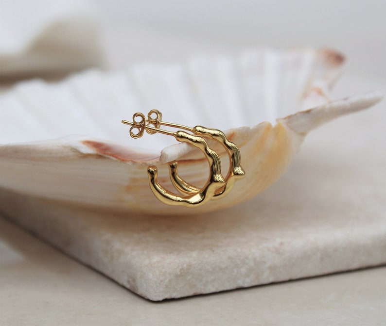 Small organic gold hoops , small irregular gold hoops , dainty gold vermeil hoops , simple everyday hoops , modern geometric hoops , uk image 5