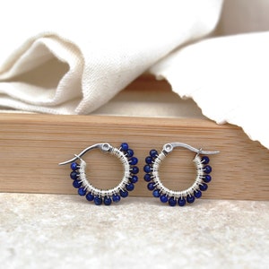Lapis lazuli hoops , small lapis lazuli earrings , blue gemstone hoops , small silver hoops , wire wrapped hoops , small blue earrings , uk image 6