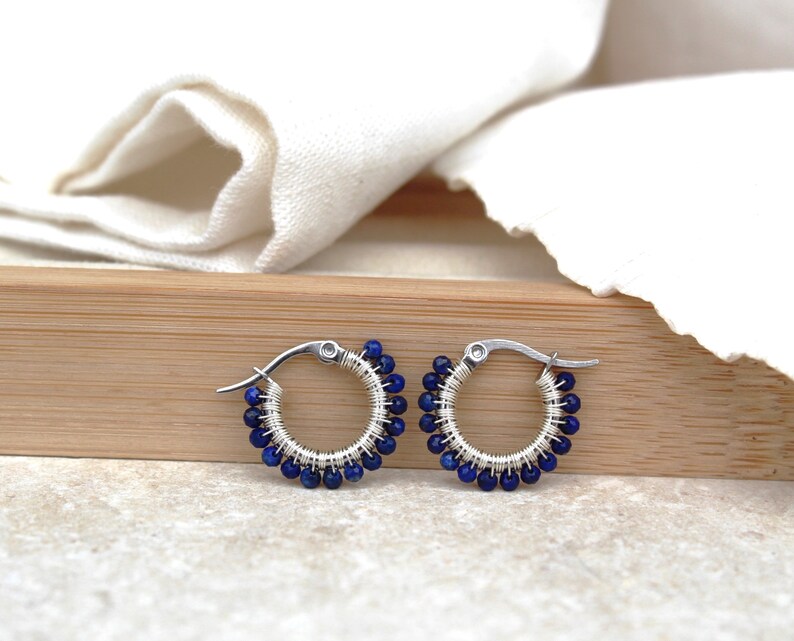Lapis lazuli hoops , small lapis lazuli earrings , blue gemstone hoops , small silver hoops , wire wrapped hoops , small blue earrings , uk image 6