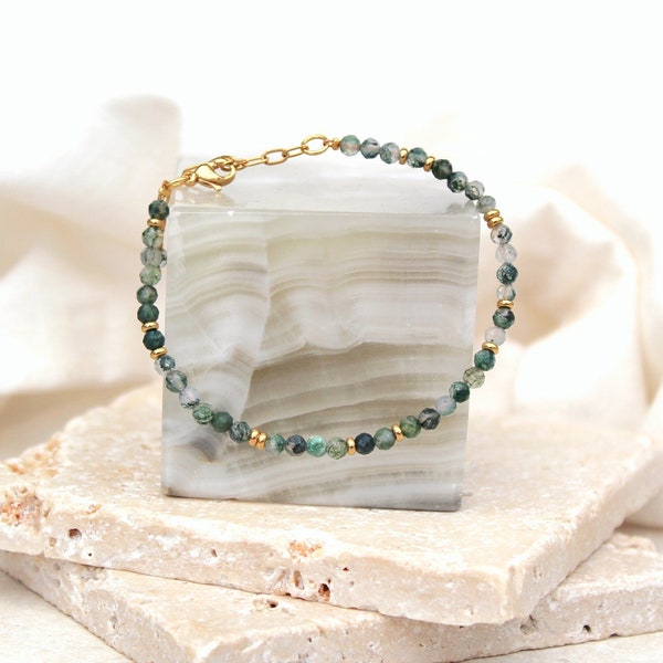 Bracelet en agate mousse verte, bracelet en pierres précieuses vertes, bracelet délicat à empiler en pierres précieuses, bracelet en perles de pierre, cadeau meilleur ami pour elle
