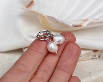 Sterling silver pearl hoops , pearl huggie earrings , small pearl hoops , fresh water pearl hoops , pearl drop hoops , bridal pearl hoops