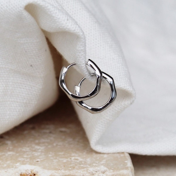 Small organic silver huggies , plain silver hexagon hoops , tiny sterling silver hoops , everyday silver hoops , modern geometric hoops