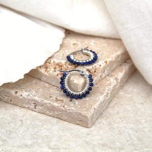 Lapis lazuli hoops , small lapis lazuli earrings , blue gemstone hoops , small silver hoops , wire wrapped hoops , small blue earrings , uk image 2