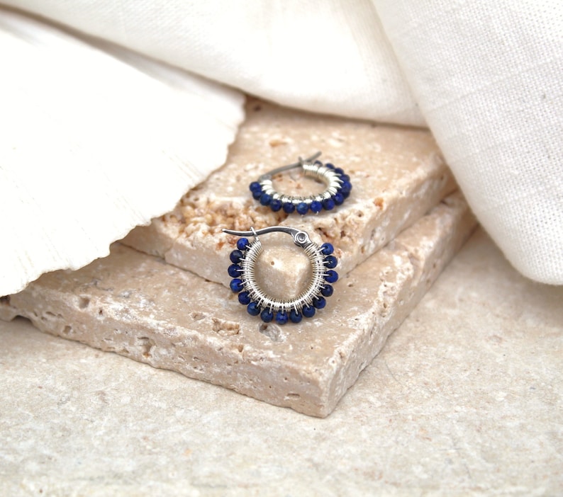 Lapis lazuli hoops , small lapis lazuli earrings , blue gemstone hoops , small silver hoops , wire wrapped hoops , small blue earrings , uk image 2