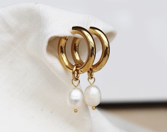 Large chunky gold pearl hoops , organic fresh water pearl hoops , thick gold hoops , pearl drop earrings , large gold hoops , big gold hoops