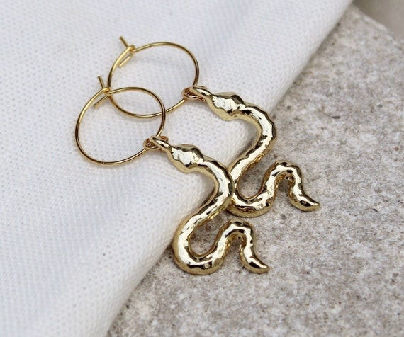 Small gold snake hoops gold snake earrings serpent snake | Etsy
