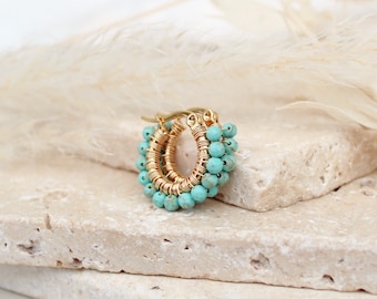 Tiny turquoise hoops , small blue gemstone hoops , small gold hoops , wire wrapped turquoise hoop earrings , small turquoise earrings , uk
