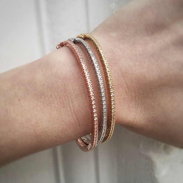 Tennis bangle , thin gold bangle , dainty cubic zirconia bangle , silver tennis bracelet , statement rose gold bangle , cz stacking bangle