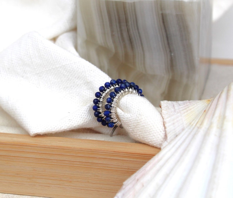 Lapis lazuli hoops , small lapis lazuli earrings , blue gemstone hoops , small silver hoops , wire wrapped hoops , small blue earrings , uk image 4