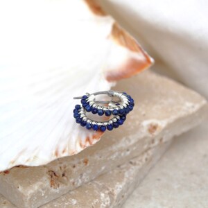 Lapis lazuli hoops , small lapis lazuli earrings , blue gemstone hoops , small silver hoops , wire wrapped hoops , small blue earrings , uk image 3