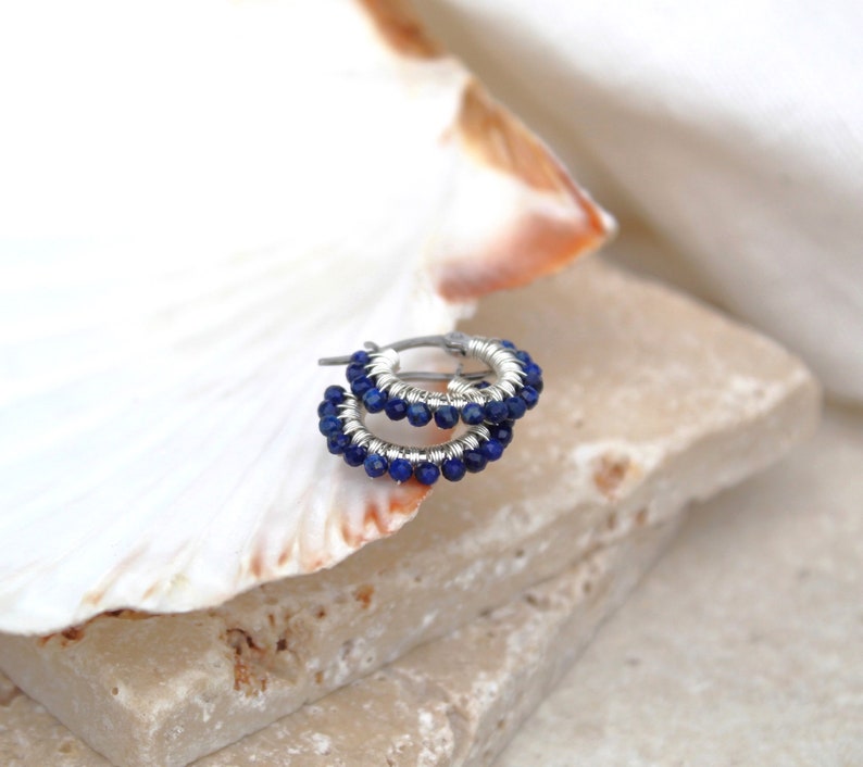 Lapis lazuli hoops , small lapis lazuli earrings , blue gemstone hoops , small silver hoops , wire wrapped hoops , small blue earrings , uk image 3