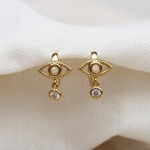 Tiny opal huggie hoops , small gold huggies , small opal hoops , 14k gold plated hoops , gold evil eye hoop earring , cz huggies , uk