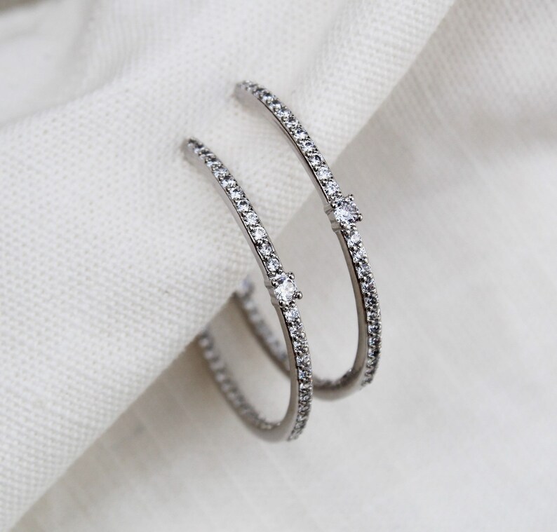 Large Silver Cz Hoops Large Silver Pave Hoops Big Crystal Etsy