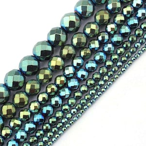 Blue Green Hematite Faceted Beads, Natural Gemstone Beads, Round Stone Beads 2mm 3mm 4mm 6mm 8mm 10mm