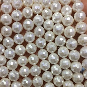 White Shell Pearl Faceted Beads, Natural Shell Beads For Jewelry Making 6mm 8mm 10mm 12mm 15&#39;&#39;