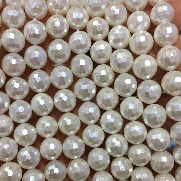 Cuentas facetadas de perlas de concha blanca, cuentas de concha natural para la fabricación de joyas 6 mm 8 mm 10 mm 12 mm 15''